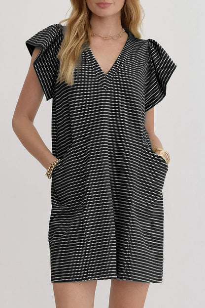 Blue Stripe Textured Knit V Neck Flutter Sleeve Shift Mini Dress