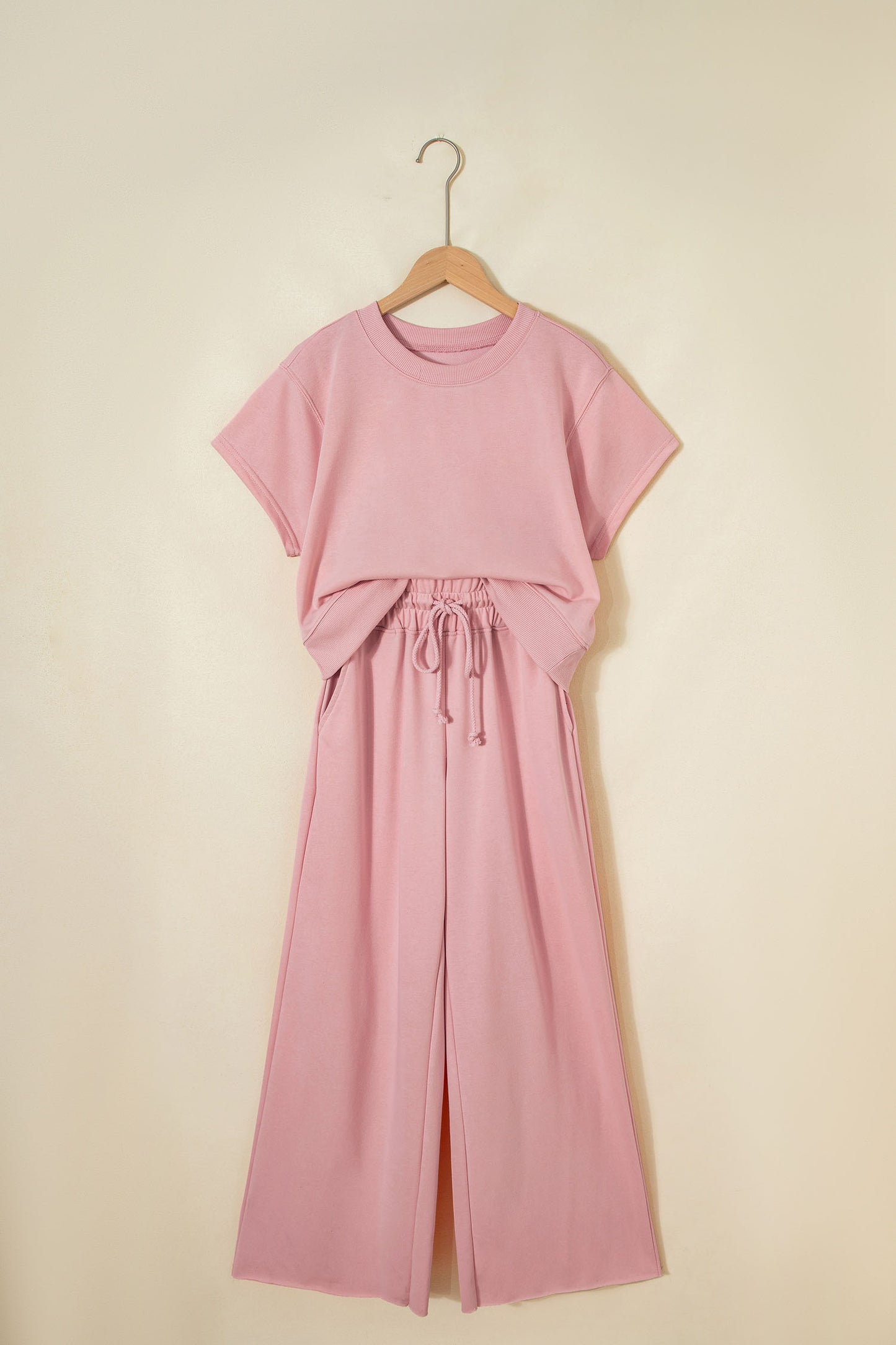 Light Pink Solid Color Loose Tee Drawstring Wide Leg Pants 2pcs Outfit
