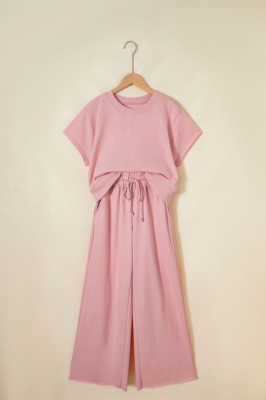 Light Pink Solid Color Loose Tee Drawstring Wide Leg Pants 2pcs Outfit