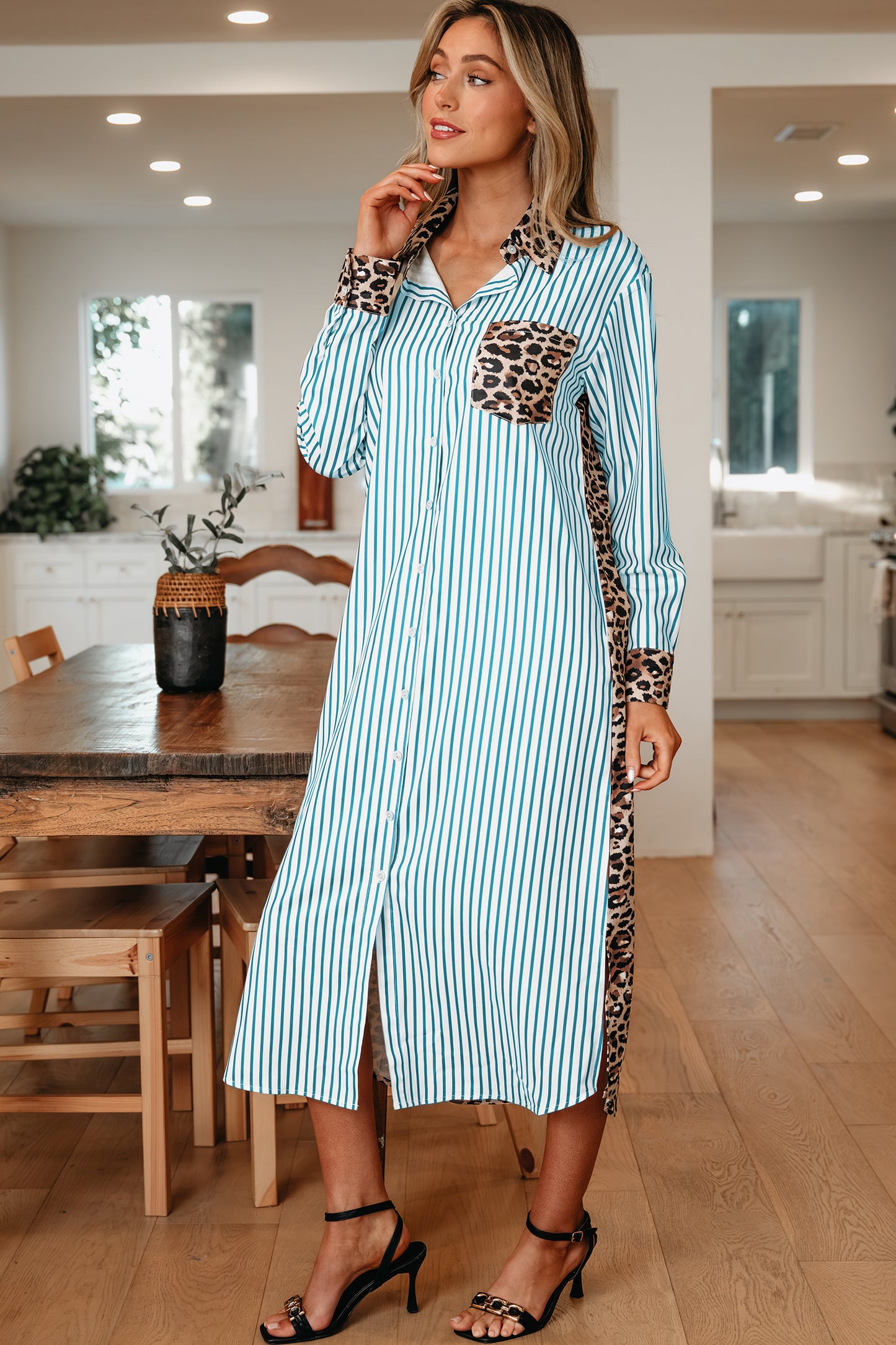 Brown Stripe Contrast Leopard Patchwork Long Shirt Dress with Slits