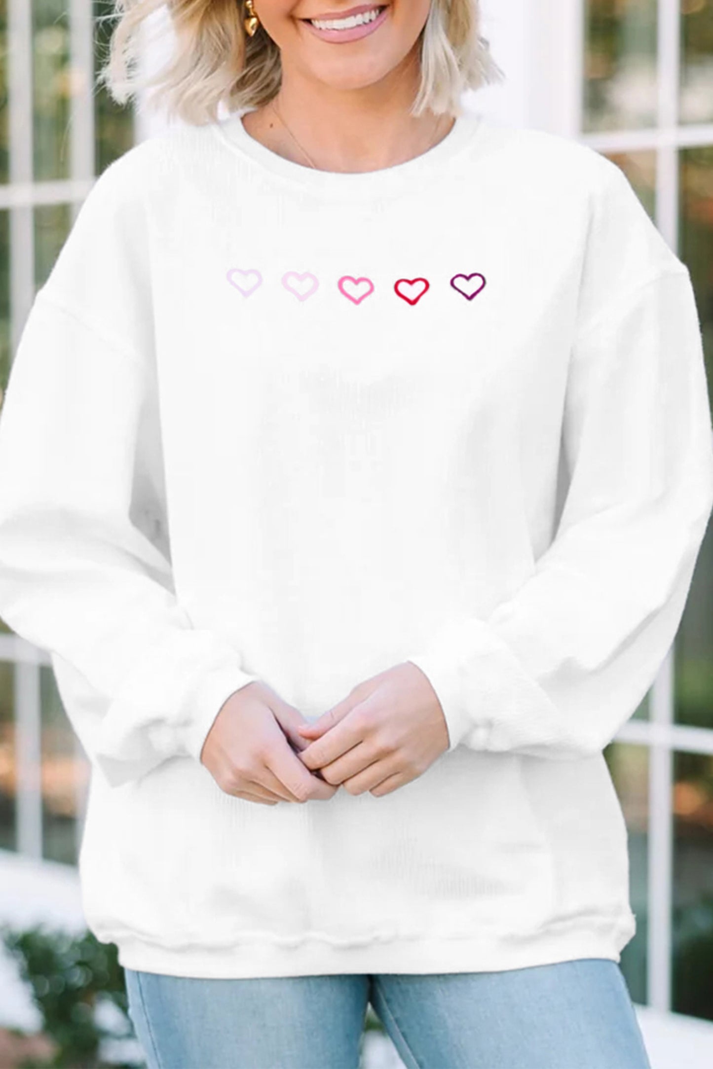 Pink 3d Ribbed XOXO Heart Embroidered Drop Shoulder Sweatshirt
