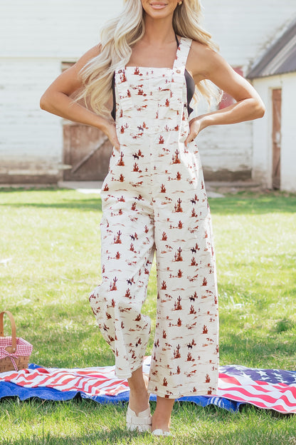 Western Printed Button Adjustable Straps Loose Jumpsuit Dungarees