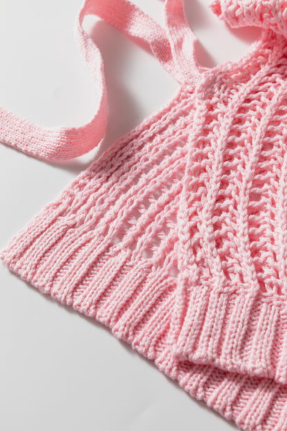 Apricot Plus Size Open Knit Bow Tie Short Sleeve Sweater