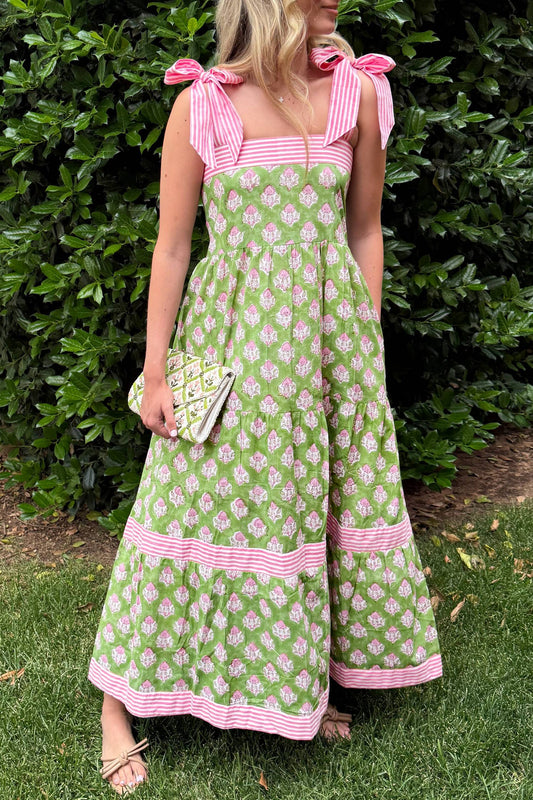 Floral Print Striped Detail Knot Straps Maxi Dress