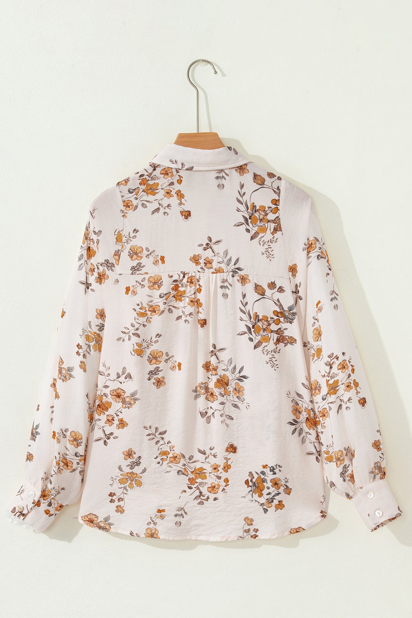 Apricot Floral Printed Silky Button Up Long Sleeve Shirt