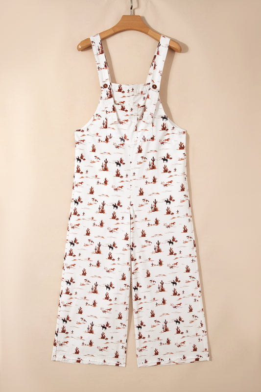 Western Printed Button Adjustable Straps Loose Jumpsuit Dungarees
