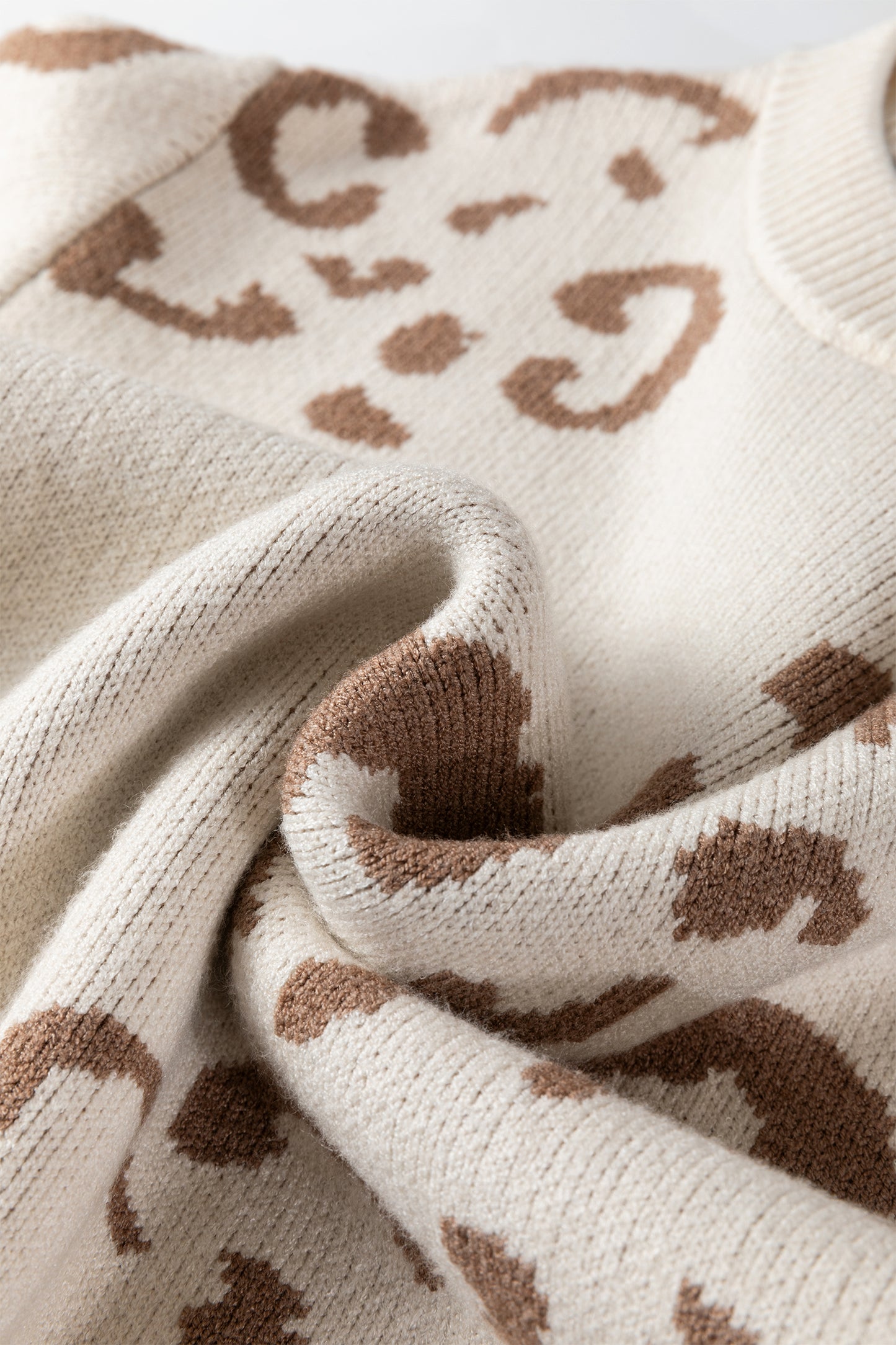 Camel Asymmetric Leopard Print Detail Drop Shoulder Sweater