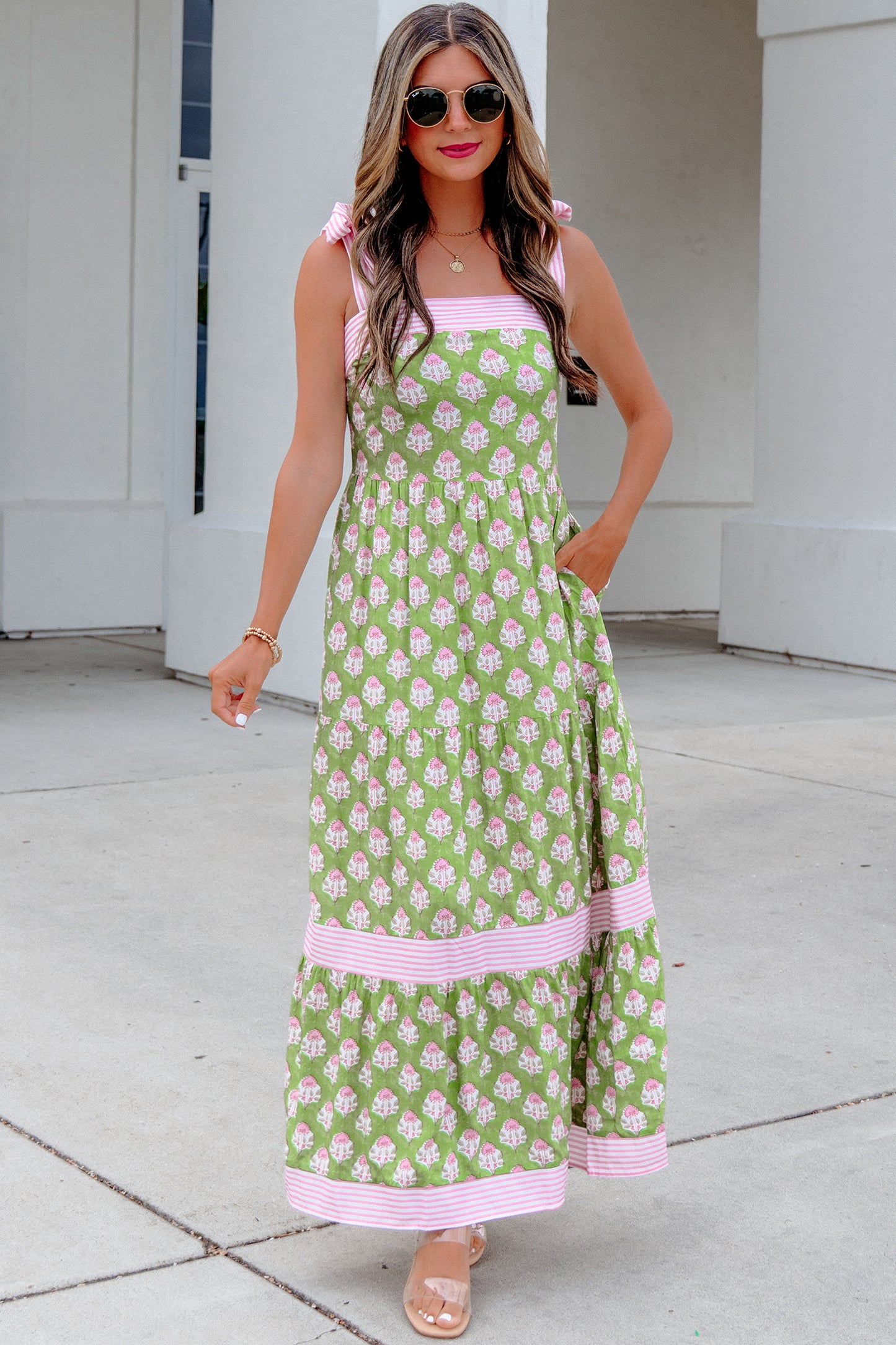 Floral Print Striped Detail Knot Straps Maxi Dress