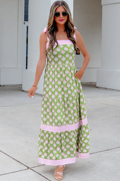 Floral Print Striped Detail Knot Straps Maxi Dress