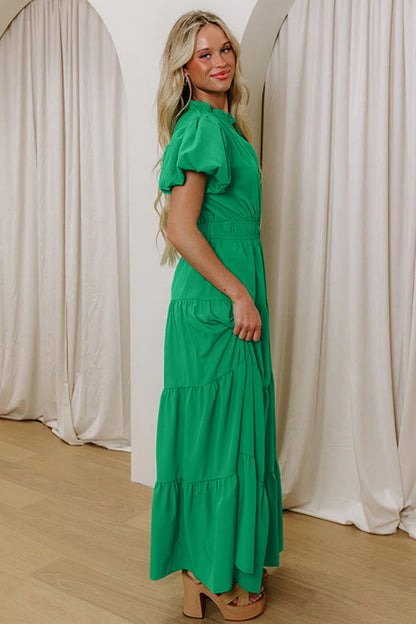 Solid Color V Neck Short Puff Sleeve High Waist Tiered Maxi Dress