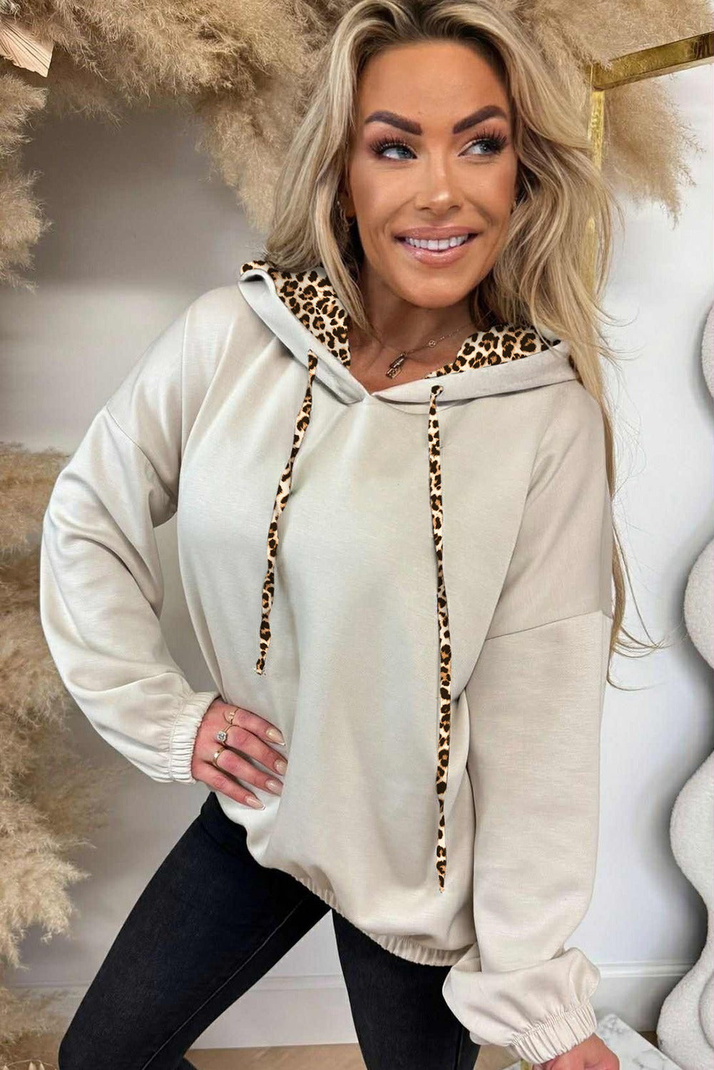 Black Leopard Contrast Drawstring Hood Drop Shoulder Loose Top