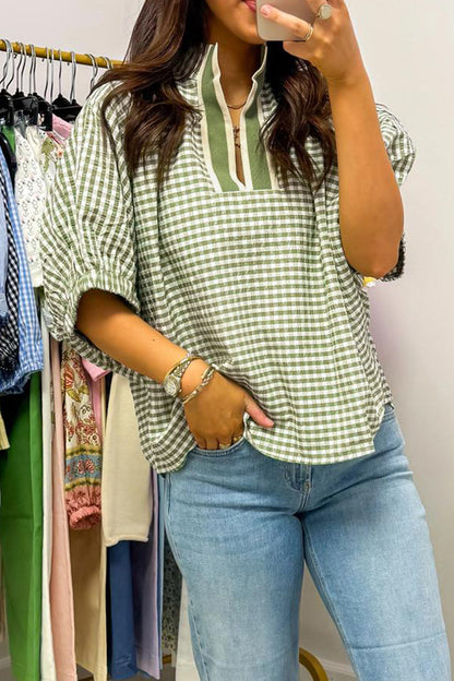 Plaid Short Sleeve Colorblock Trim Split Neck Blouse