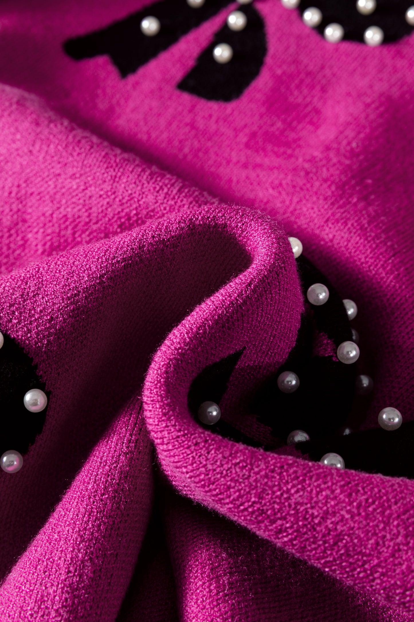 Bright Pink Pearl Embellished Bow Pattern Loose Sweater