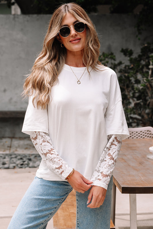 Lace Long Sleeve Insert Drop Shoulder Tee