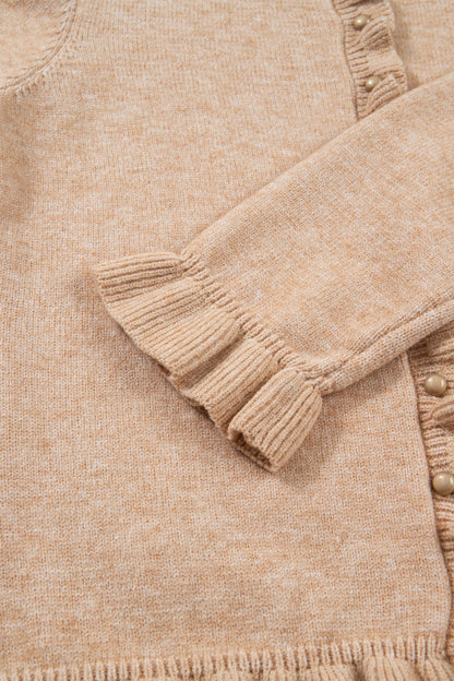 Oatmeal Ruffle Trim Gold Button Sweater Cardigan