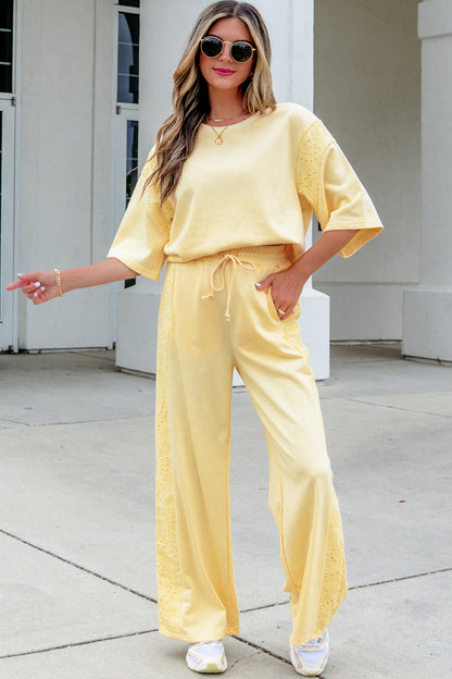 Lace Patchwork Half Sleeve Top Elastic Waist Pants Two Piece Set