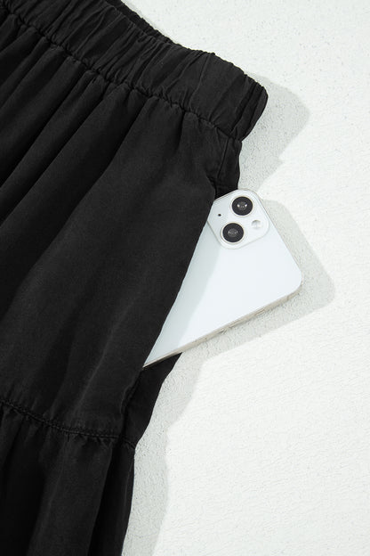 Elastic Waist Ruffled Tiered Flared Denim Maxi Skirt