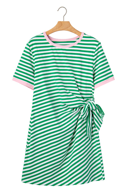 Stripe Nautical Tie Contrast Trim Round Neck T Shirt Mini Dress