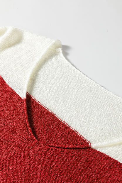 Green Stripe Loose Color Block Drop Shoulder Bubble Sleeve Sweater