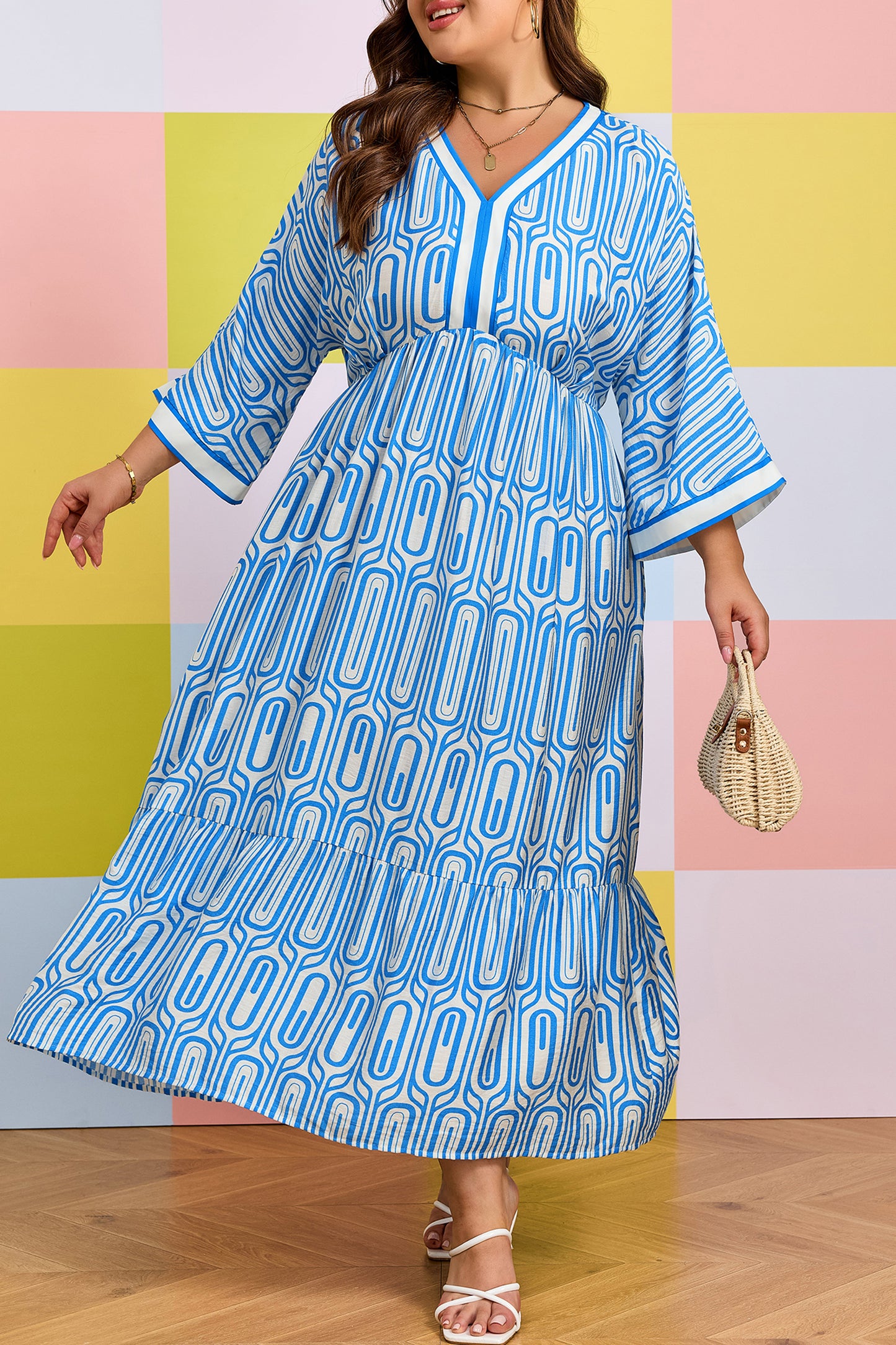Plus Size Geometric Print Contrast Trim V Neck Bracelet Sleeve Long Dress