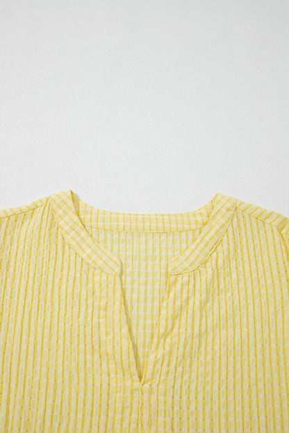 Gingham Textured Bow Tie Short Sleeve Tiered Midi Dress