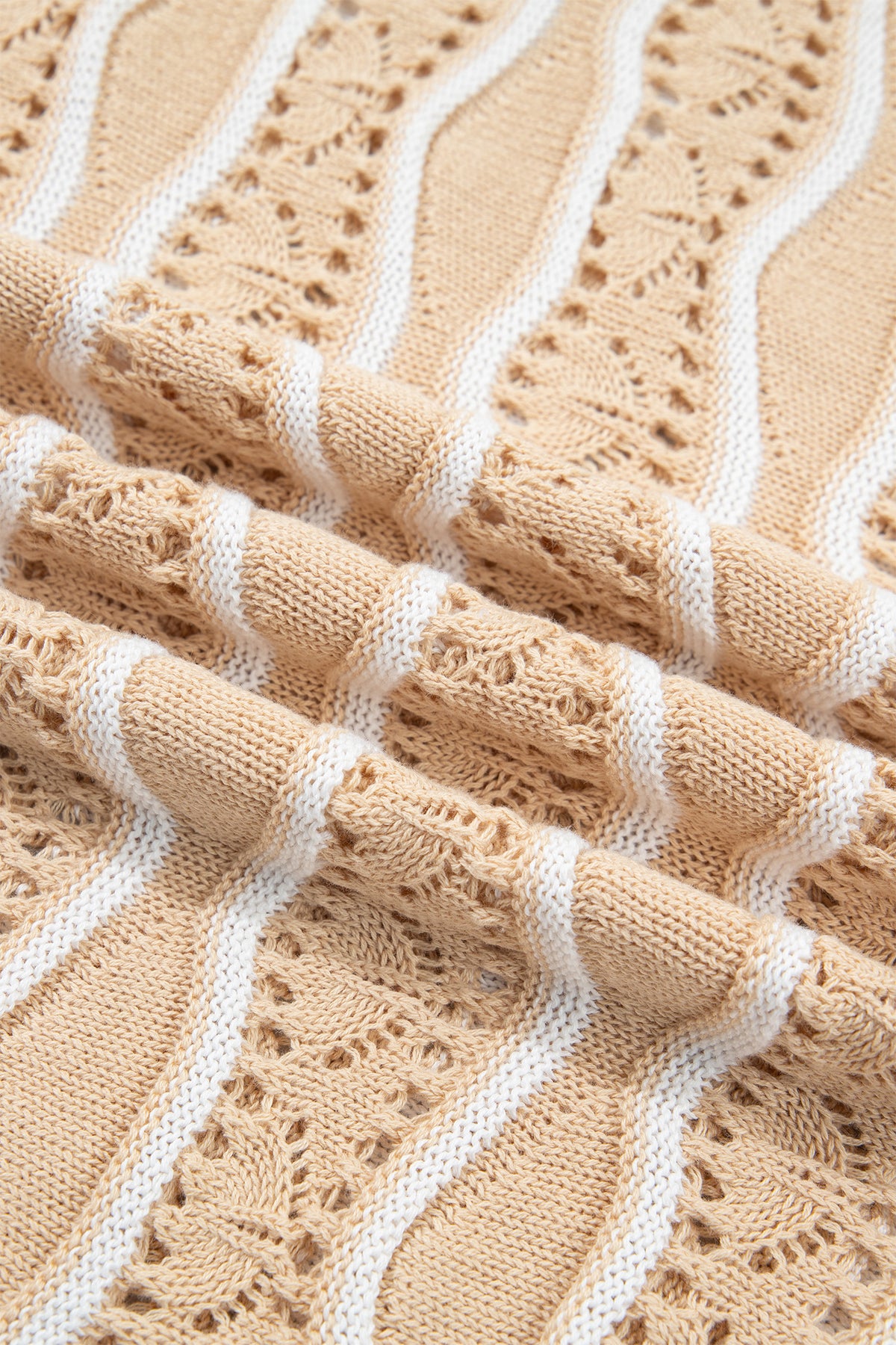 Wavy Detail Hollow Out Knit Long Sleeve Cotton Pullover Sweater