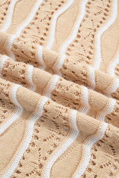 Wavy Detail Hollow Out Knit Long Sleeve Cotton Pullover Sweater
