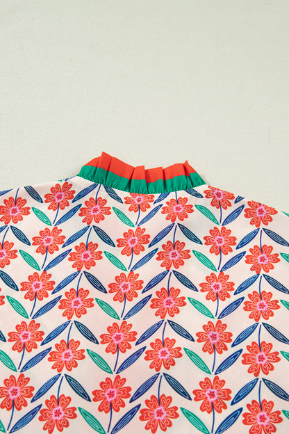 Red Floral Print Striped Detail V Neck Ruffled Short Sleeve Blouse
