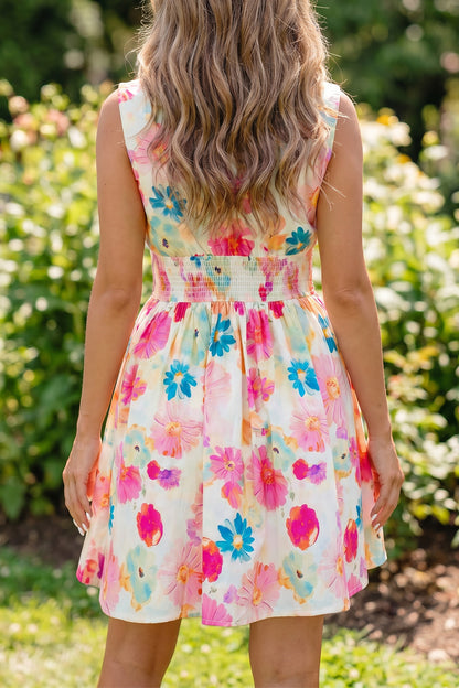 Pink Adorable Floral Print V Neck Zip Up Smocked Waist Flared Mini Dress