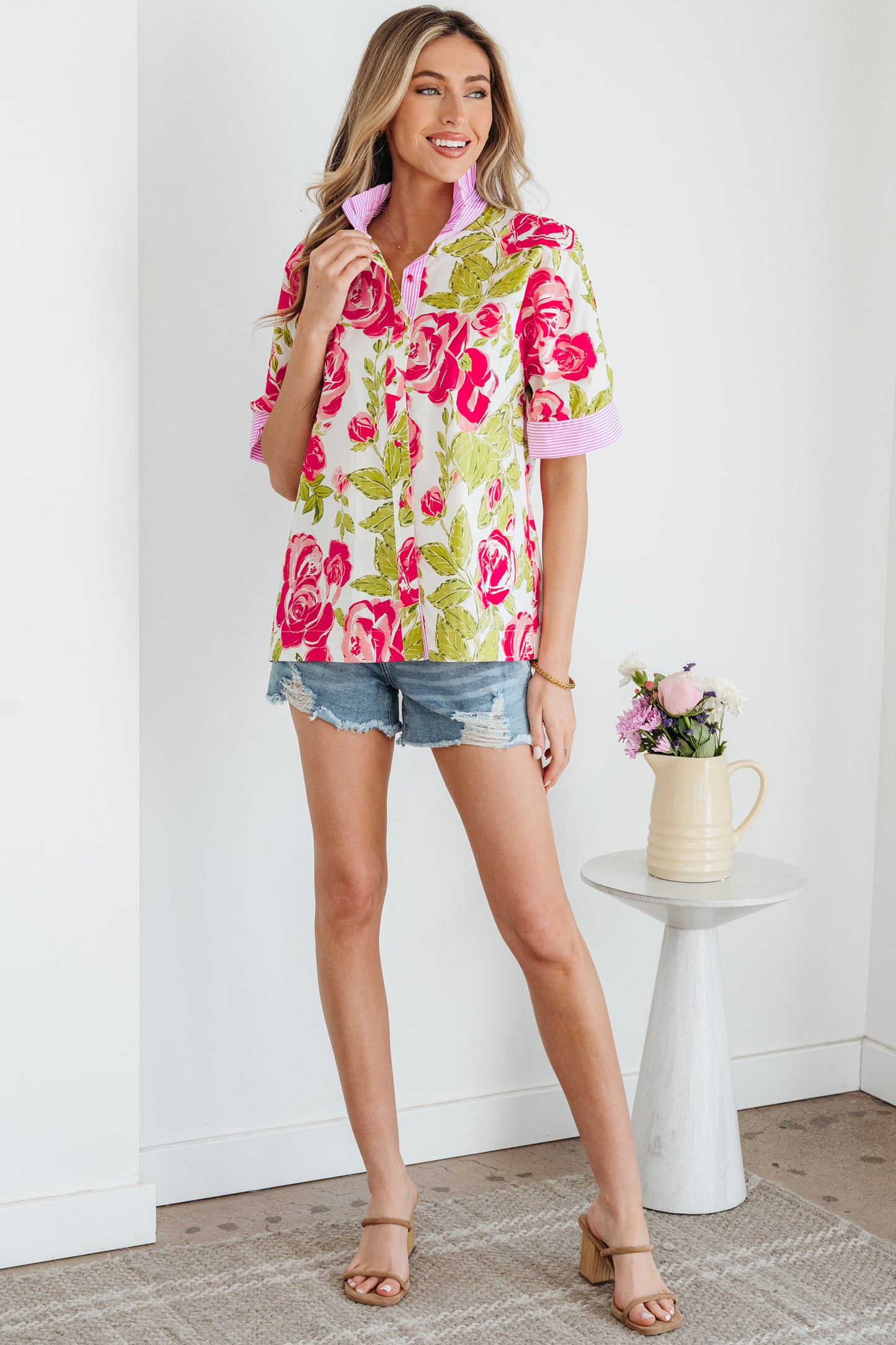 Pink Flower Print Striped Trim Frilled Collar Short Sleeve Shirt