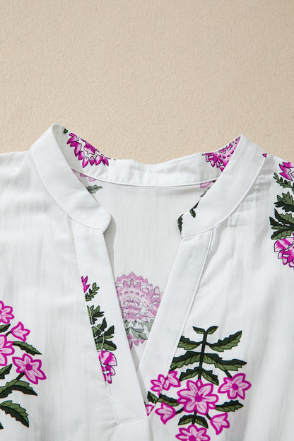 Floral Print Split Neck Shirred High Waist Ruffle Hem Maxi Dress