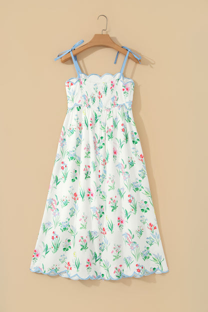 Floral Print Contrast Trim Self-tie Straps High Waist Midi Dress