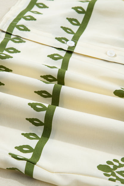 Apricot Floral Print Tie V Neck Button Down Puffy Half Sleeve Shirt