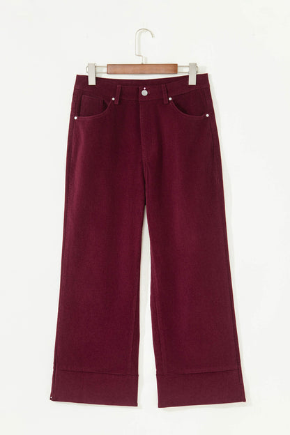Burgundy Corduroy Solid Color High Waist Wide Leg Pants
