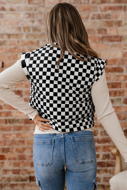 Brown Double Checked Stand Collar Cropped Puffer Vest