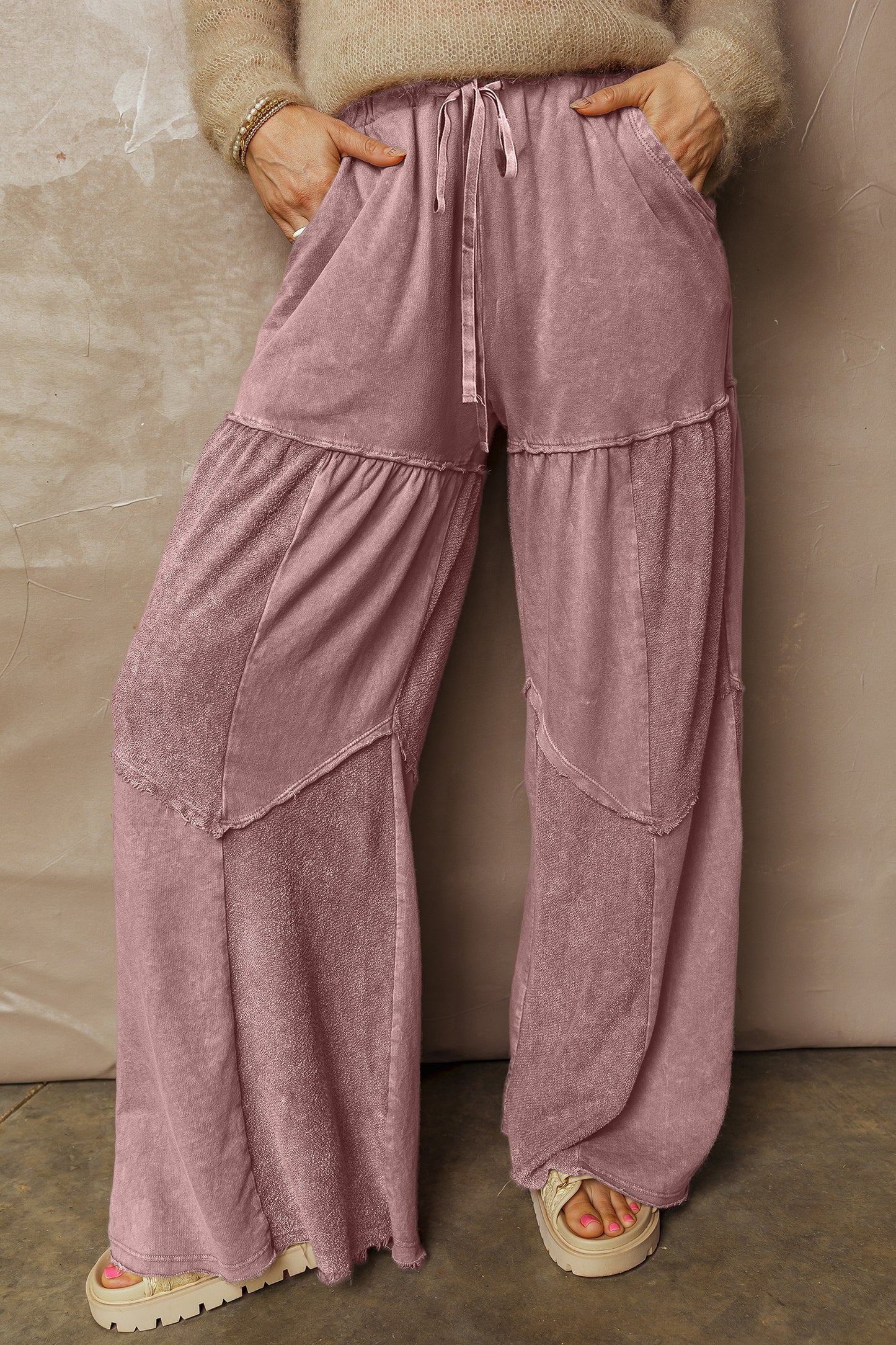 Wild Ginger Careys Mineral Wash Tiered Wide Leg Patchwork Drawstring Pants