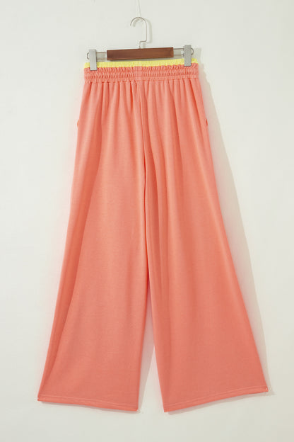 Color Block Flower Patchwork Drawstring Contrasted Elastic Waist Wide Leg Pants