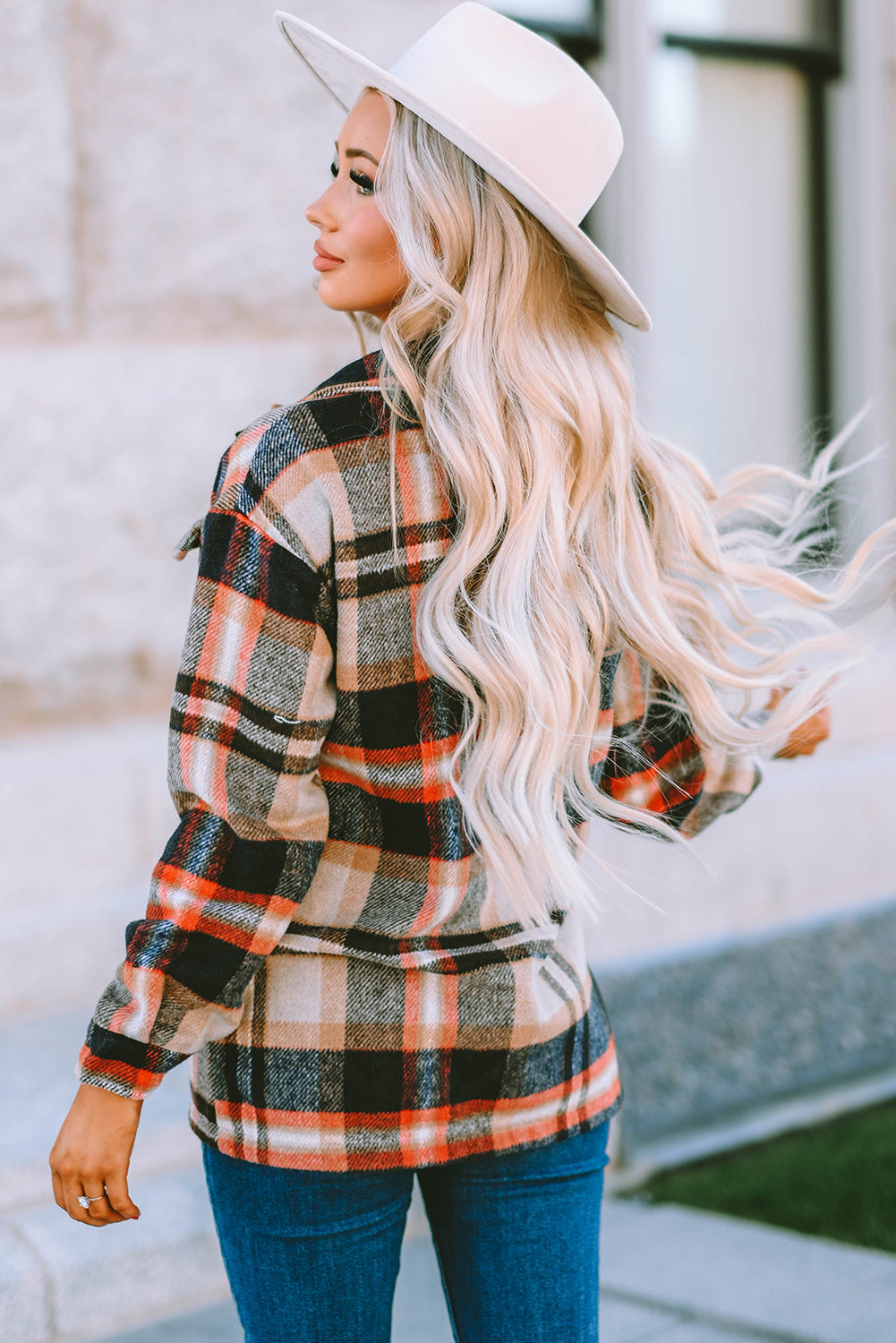 Fiery Red Geometric Plaid Print Pocketed Shacket