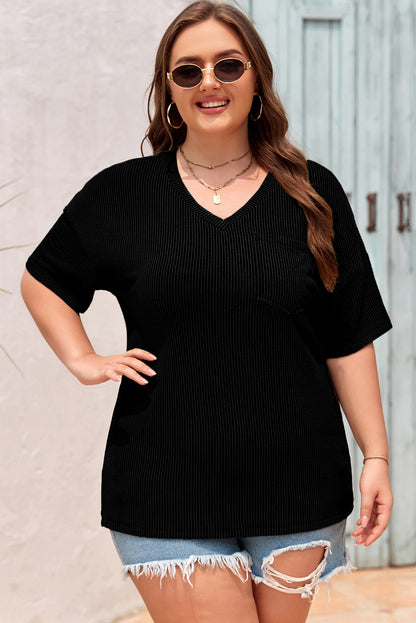 Textured V-Neck Dropped Shoulder Plus T-Shirt