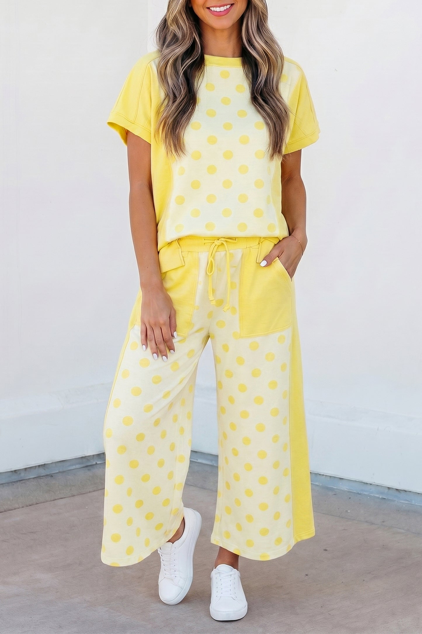 Color Block Patchwork Polka Dot Wide Leg Pant Set