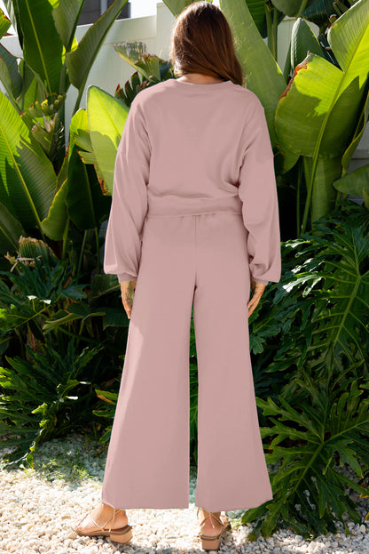 Drop Shoulder Puff Sleeve Crop Pullover Drawstring Wide Leg Pants Set