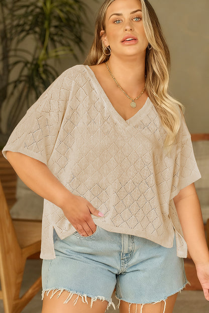 Golden Fleece Pointelle Rhombus Knit Plus Size V Neck Loose Top