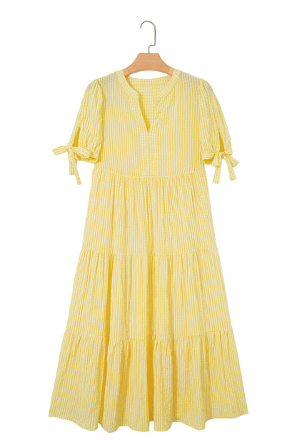 Gingham Textured Bow Tie Short Sleeve Tiered Midi Dress
