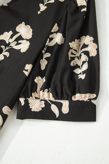 Frilled V Neck Puff Short Sleeve Floral Mini Dress