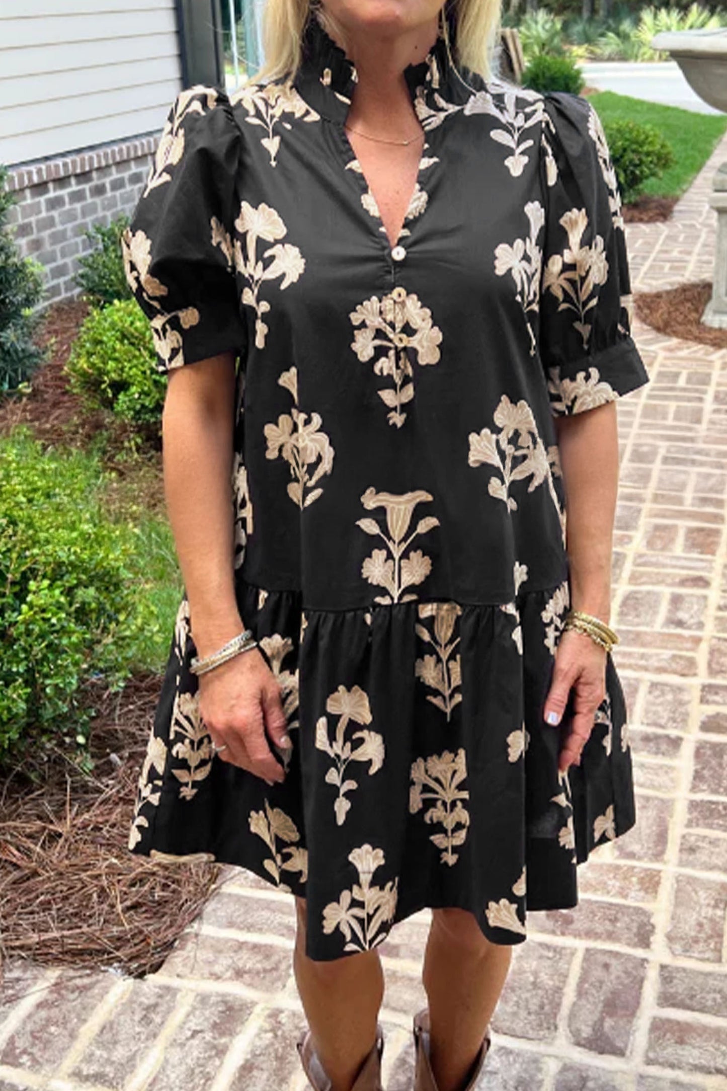 Frilled V Neck Puff Short Sleeve Floral Mini Dress