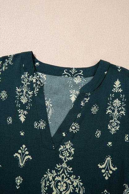 Blue Boho Floral Print Lettuce Trim 3/4 Sleeve Mini Dress