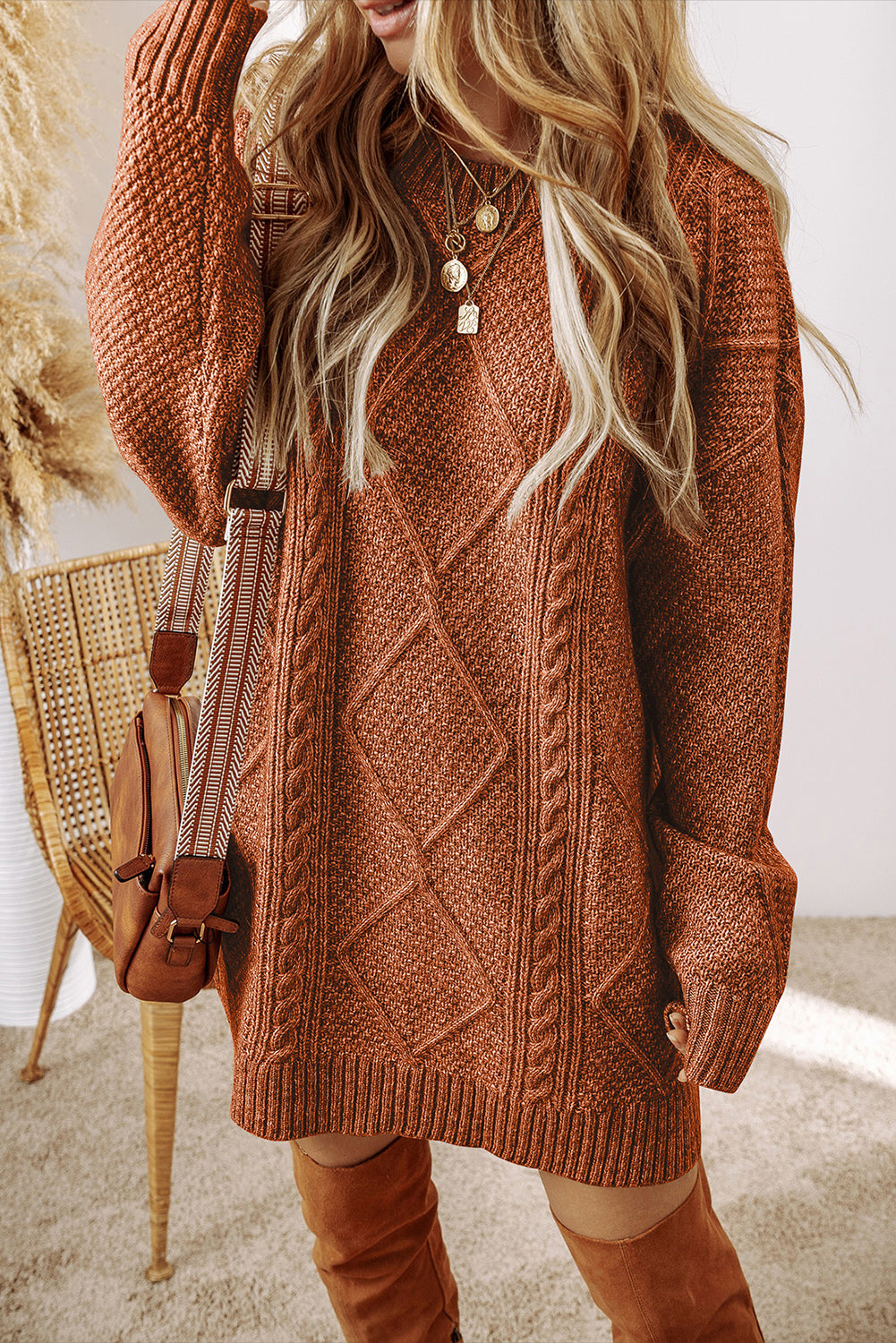 Black Cable Knit Drop Shoulder Loose Fit Sweater Dress