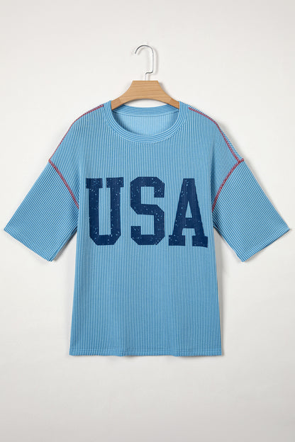 USA Graphic Half Sleeve Loose Ribbed Top