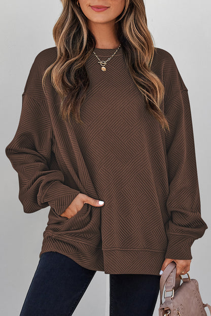 Solid Color Textured Round Neck Drop Shoulder Pullover Sweatshirt