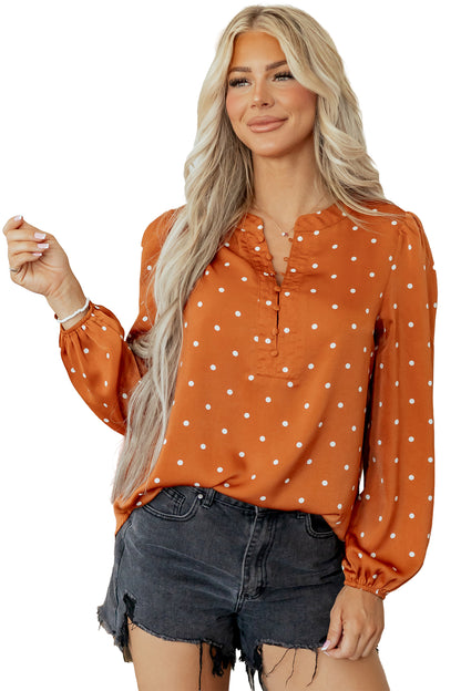 Brown Polka Dot Half Button V Neck Long Sleeve Blouse